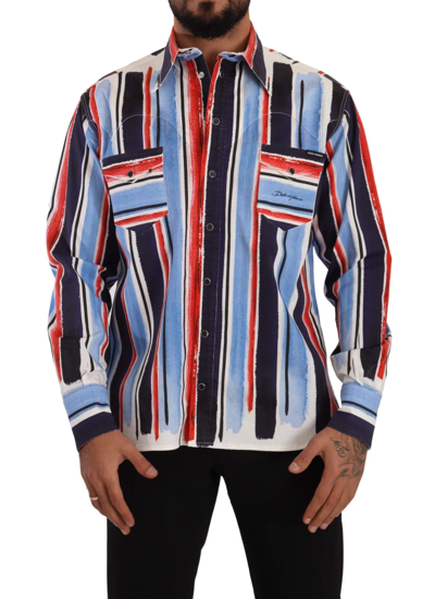 Shop Dolce & Gabbana Red Striped Long Sleeve Cotton Shirt Blue
