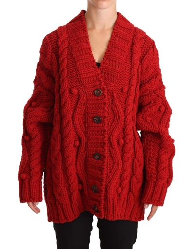 Shop Dolce & Gabbana Red V-neck Wool Knit Button Cardigan Sweater
