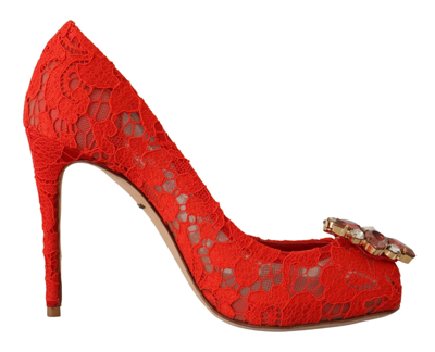Shop Dolce & Gabbana Red Taormina Lace Crystal Heels Pumps