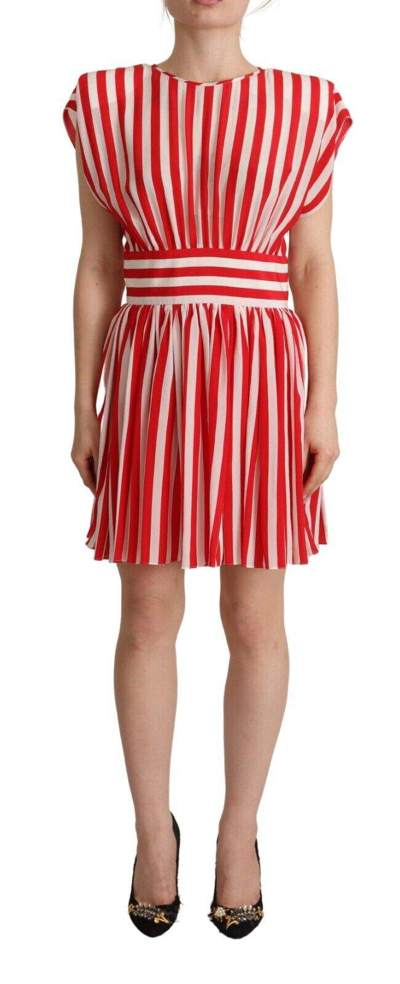 Shop Dolce & Gabbana Red White Stripes Silk Mini A-line Dress