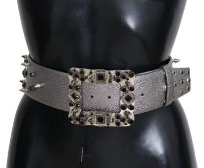 Shop Dolce & Gabbana Silver Leather Crystal Stud Logo Buckle Belt