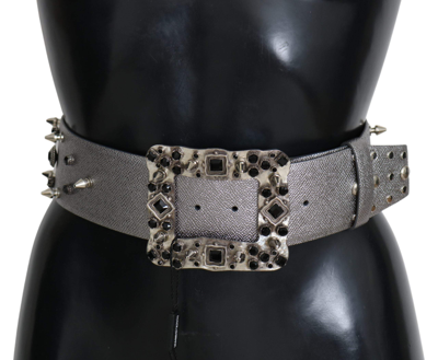 Dolce & Gabbana Silver Leather Crystal Stud Logo Buckle Belt In Silver