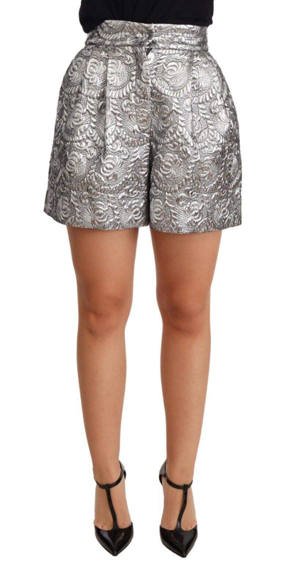 Dolce & Gabbana Silver Floral Brocade High Waist Shorts In Silver