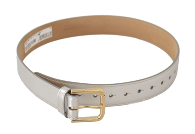 Shop Dolce & Gabbana Silver Leather Gold Tone Logo Metal Buckle Belt