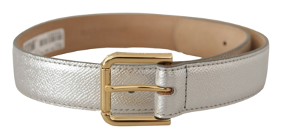Shop Dolce & Gabbana Silver Leather Gold Tone Logo Metal Waist Buckle Belt