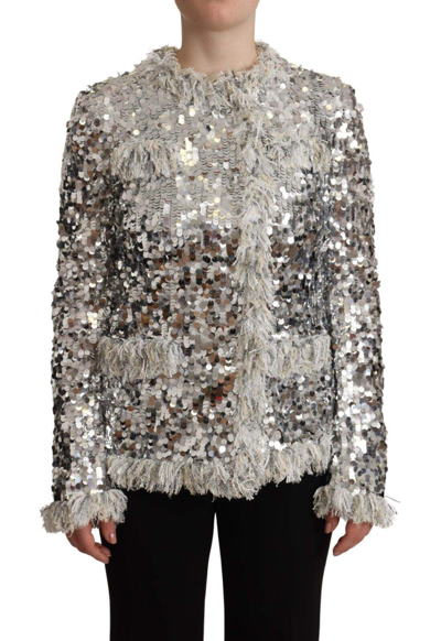 Shop Dolce & Gabbana Silver Sequined Shearling Long Sleeves Jacket