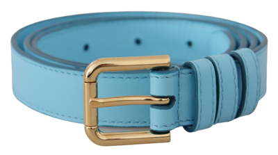 Shop Dolce & Gabbana Sky Blue Leather Gold Tone Metal Logo Buckle Belt In Light Blue
