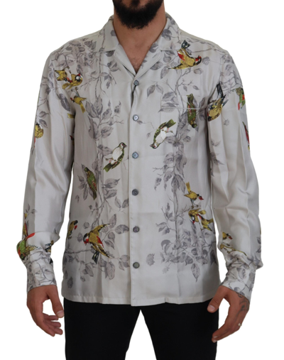 Dolce & Gabbana White Bird Print Silk Satin Casual Shirt In White