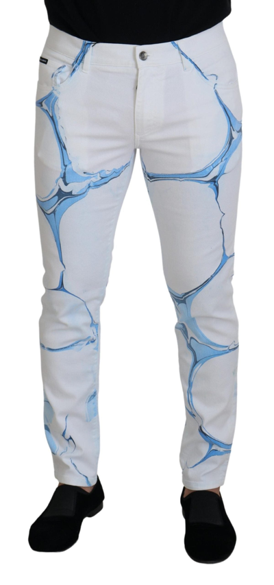 Shop Dolce & Gabbana White Blue Denim Cotton Jeans Stretch Skinny Fit Pant