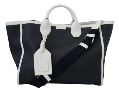 Shop Dolce & Gabbana White Blue Leather Shopping Tote Bag