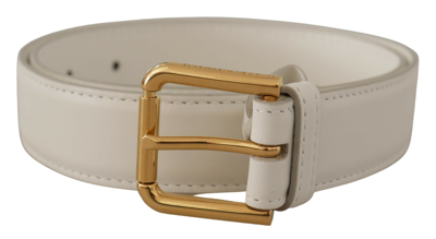 Shop Dolce & Gabbana White Calf Leather Gold Tone Logo Metal Buckle Belt