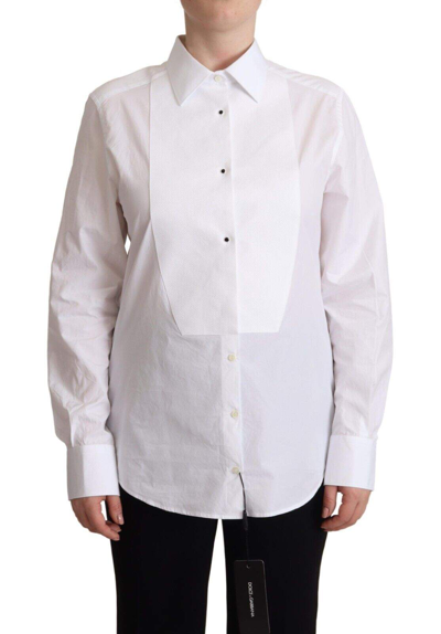 Shop Dolce & Gabbana White Cotton Dress Collared Long Sleeves Shirt Top
