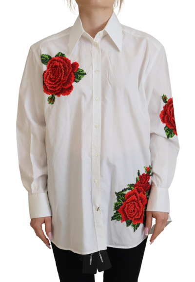 Shop Dolce & Gabbana White Cotton Flower Embroidery Shirt Top