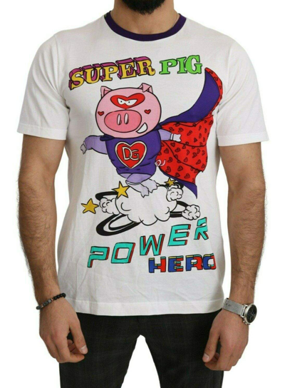 Shop Dolce & Gabbana White Cotton Top Super Power Pig T-shirt