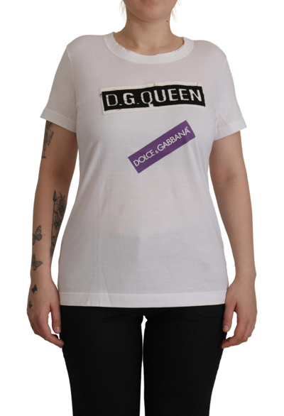 Shop Dolce & Gabbana White Dg Queen Patch Round Neck Cotton T-shirt