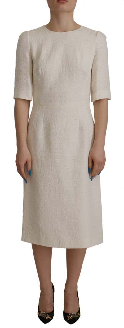 Shop Dolce & Gabbana White Jaquard Midi Floral Sheath Brocade Dress