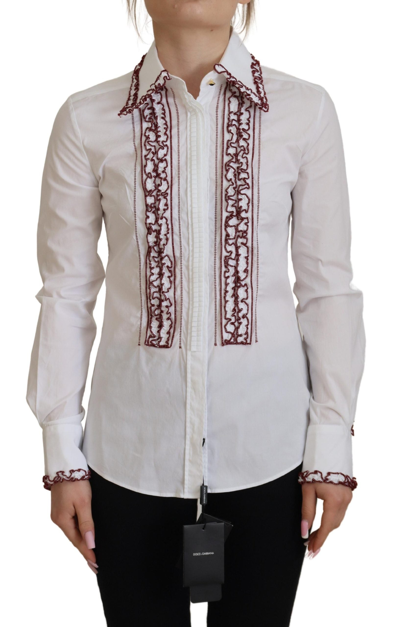 Dolce & Gabbana White Lace Long Sleeves Ruffle Collar Top In White