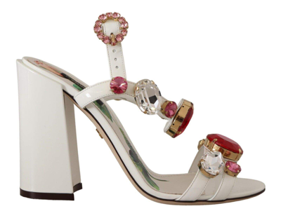 Shop Dolce & Gabbana White Leather Crystal Keira Heels Sandals