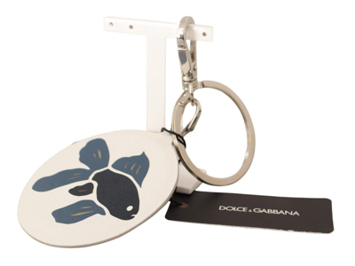 Shop Dolce & Gabbana White Leather Fish Metal Silver Tone Keyring Keychain