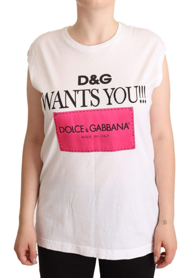 Shop Dolce & Gabbana White Logo Print Cotton Sleeveless Tank T-shirt
