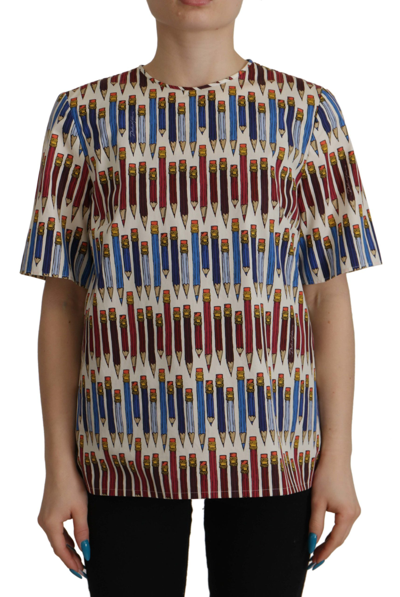 Dolce & Gabbana White Pencil Print Cotton T-shirt Blouse In White