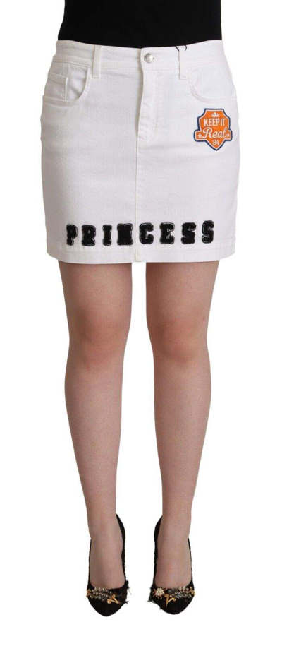 Shop Dolce & Gabbana White Princess Embellish Mini Denim Pencil Cut Skirt