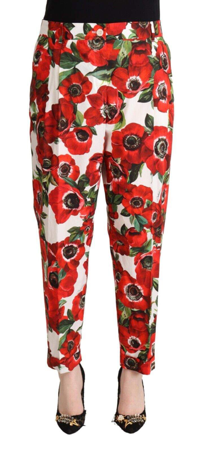 Shop Dolce & Gabbana White Red Anemone Cotton Trouser Tapered Pants In White And Red