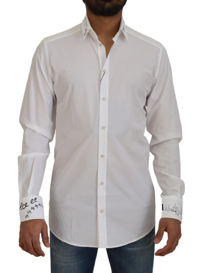 Shop Dolce & Gabbana White Printed Cotton Slimfit Dress Gold Shirt
