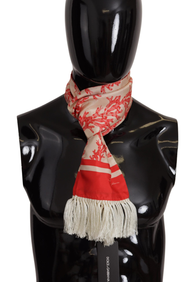 Shop Dolce & Gabbana White Red Coral Print Shawl Wrap Fringe Scarf In White And Red
