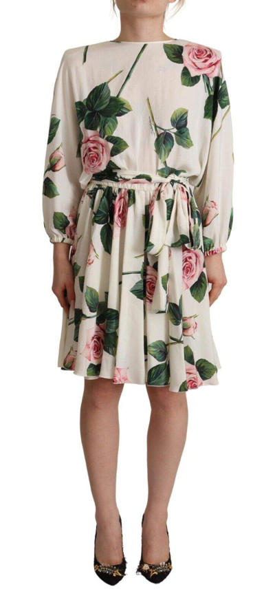 Dolce & Gabbana White Rose Print Long Sleeves A-line Dress In White