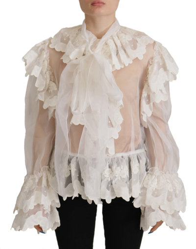 Shop Dolce & Gabbana White Ruffles Lace Long Sleeve Blouse Top