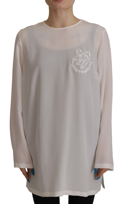 Shop Dolce & Gabbana White Silk Dg Logo Embroidered Long Sleeves Blouse