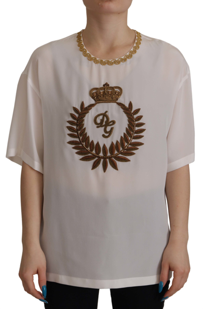 Shop Dolce & Gabbana White Silk Gold Dg Crown Crystal Blouse Top