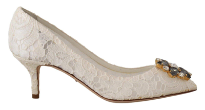 Shop Dolce & Gabbana White Taormina Lace Crystal Heels Pumps