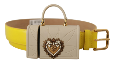 Shop Dolce & Gabbana Yellow Leather Devotion Heart Micro Bag Headphones Belt
