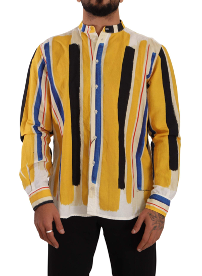 Shop Dolce & Gabbana Yellow Striped Henley Linen Cotton Shirt