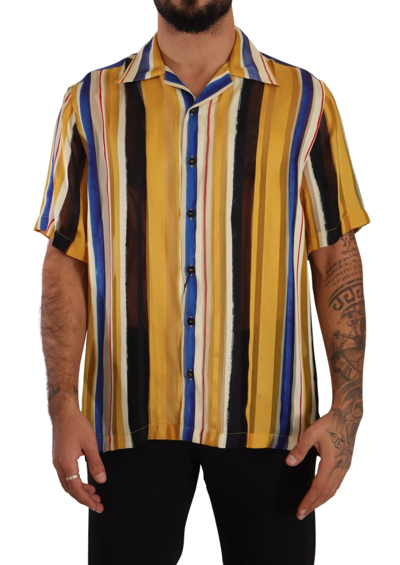 Shop Dolce & Gabbana Yellow Striped Short Sleeve Silk Shirt