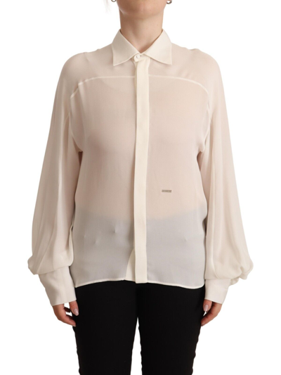 Shop Dsquared² Off White Silk Long Sleeves Collared Blouse Top