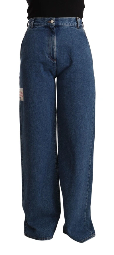 Shop Gcds Blue Cotton High Waist Wide Leg Boot Cut Denim Jeans