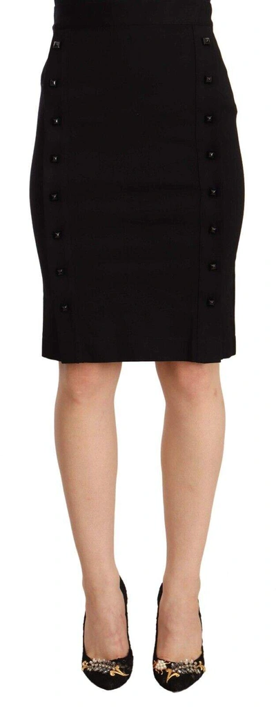 Gf Ferre' Black High Waist Viscose Knee Length Pencil Cut Skirt In Black