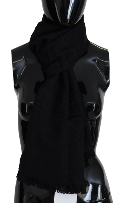 Gf Ferre' Black Wool Neck Wrap Shawl Fringes Scarf In Black