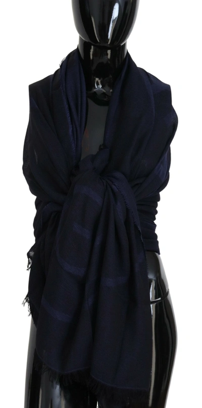 Gf Ferre' Dark Blue Wool Neck Wrap Shawl Fringes Scarf In Blue