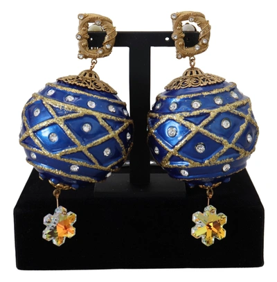 Dolce & Gabbana Gold Brass Blue Christmas Ball Crystal Clip On Earrings In Blue