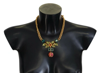 Shop Dolce & Gabbana Gold Brass Crystal Logo Fruit Floral Statement Necklace
