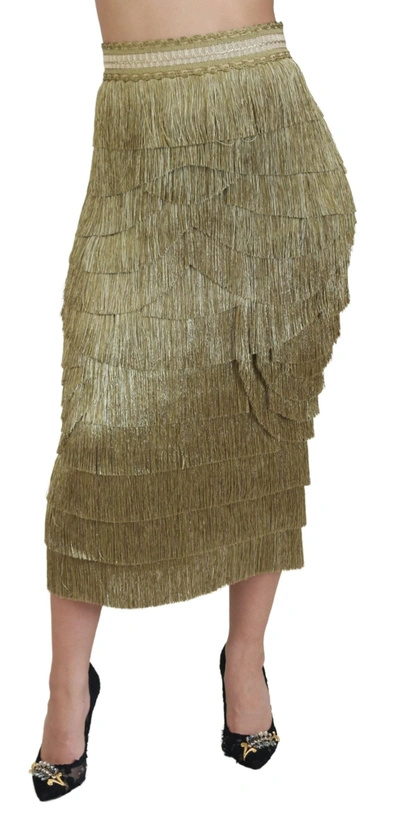 Shop Dolce & Gabbana Gold Tiered Metallic Fringed Midi Silk Skirt