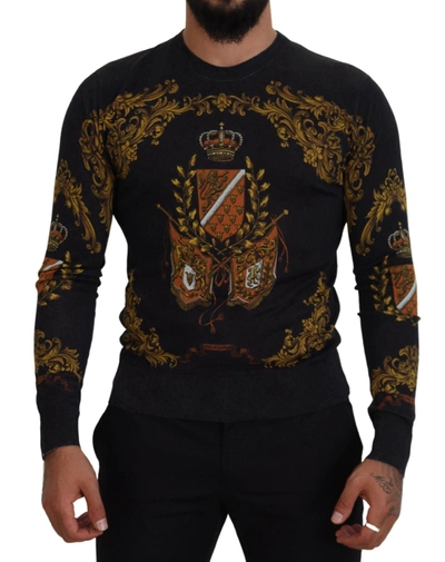 Shop Dolce & Gabbana Gray Silk Baroque Medal Motive Sweater