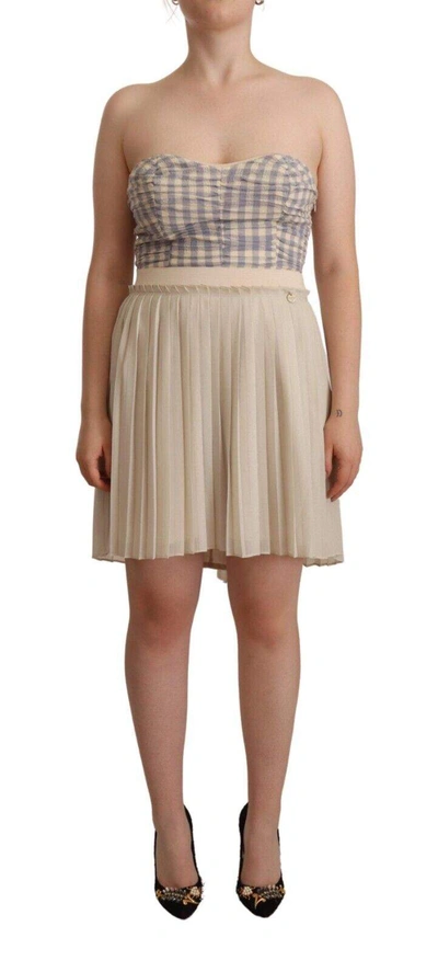 Guess Beige Checkered Pleated A-line Strapless Bustier Dress In Beige