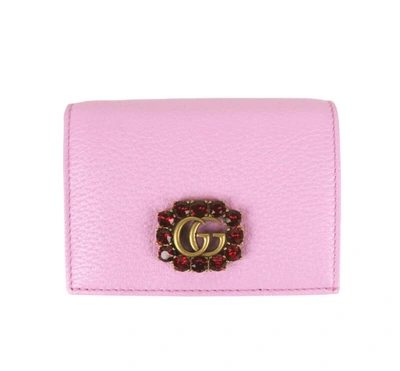 Shop Gucci Marmont  Pink Leather Wallet W/crystal Double G