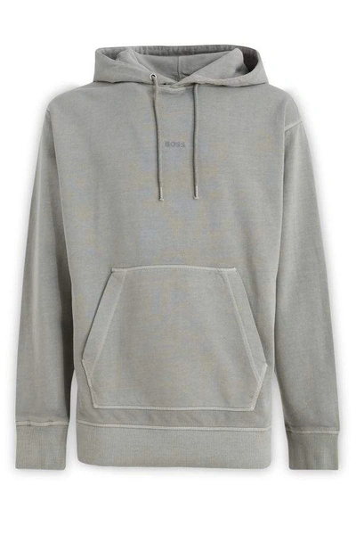 Shop Hugo Boss Grey Cotton Logo Details Hooded Sweatshirt