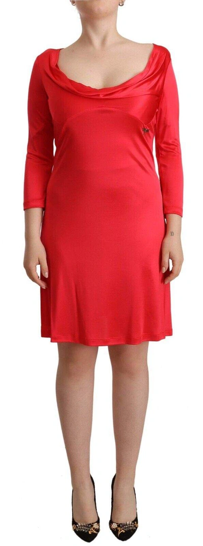 Shop John Galliano Red Viscose 3/4 Sleeves Deep Round Neck Sheath Dress